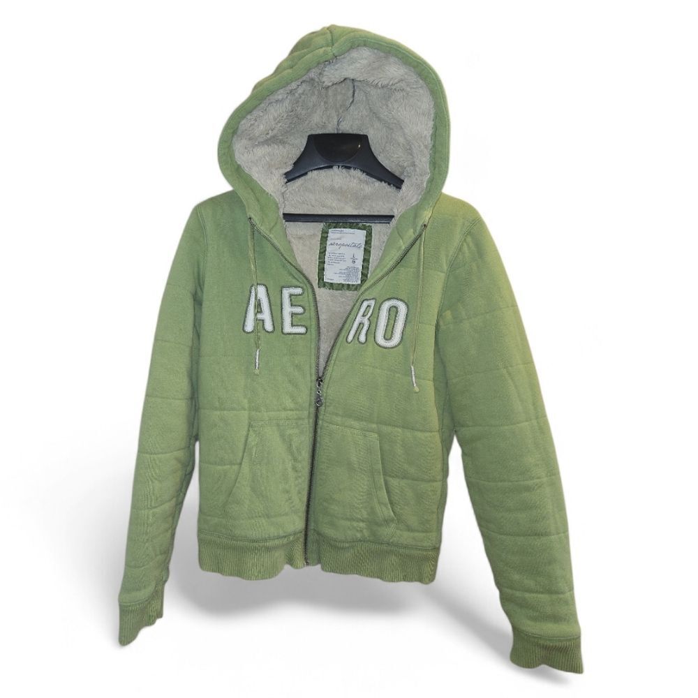 Vintage Aeropostale Green Hooded Y2k Sweatshirt Faux Lined Rare